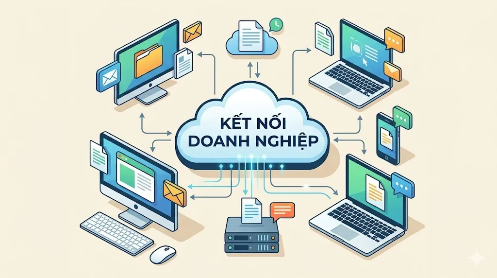dữ liệu của doanh nghiệp nhỏ kết nối nhiều thiết bị khác nhau (máy tính xách tay, điện thoại thông minh, máy tính bảng) thông qua một đám mây trung tâm