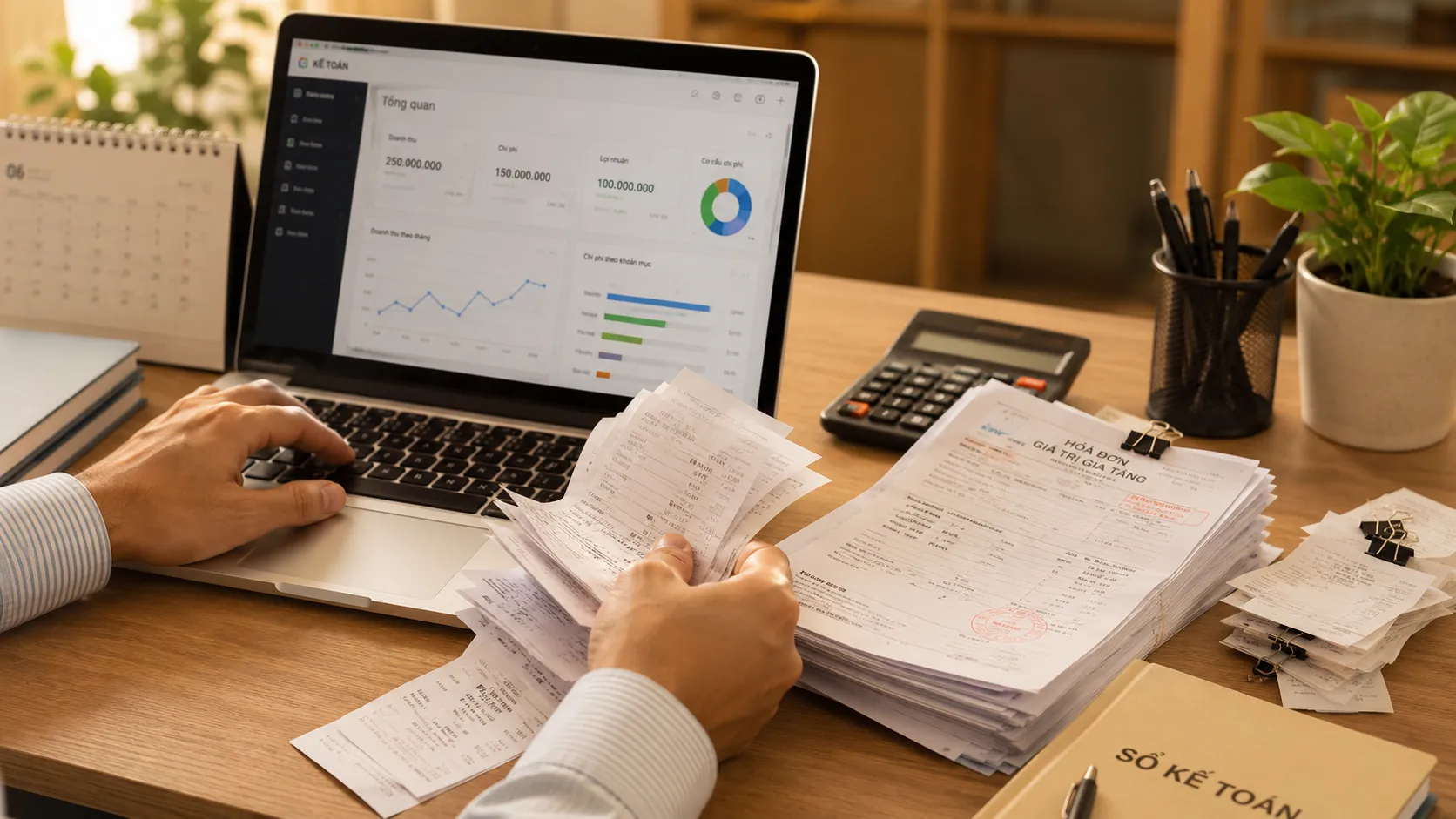 sắp xếp hóa đơn, chứng từ và nhập liệu vào phần mềm kế toán trên máy tính