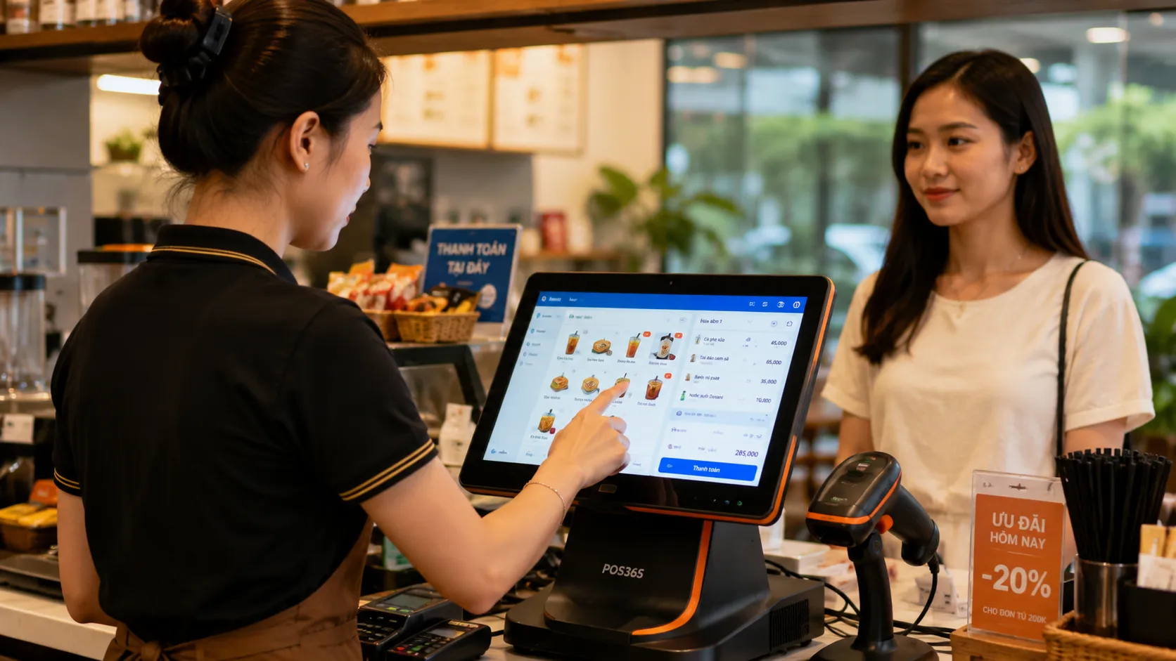 Nhân viên thu ngân thao tác trên màn hình cảm ứng bán hàng tại cửa hàng