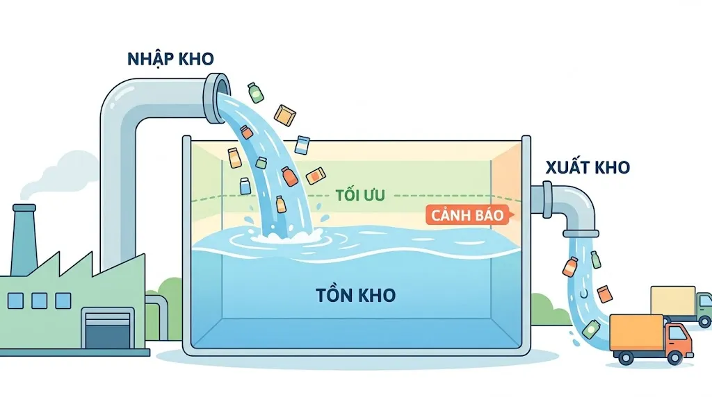 Ẩn dụ bể nước với dòng vào và dòng ra thể hiện cân đối tồn kho