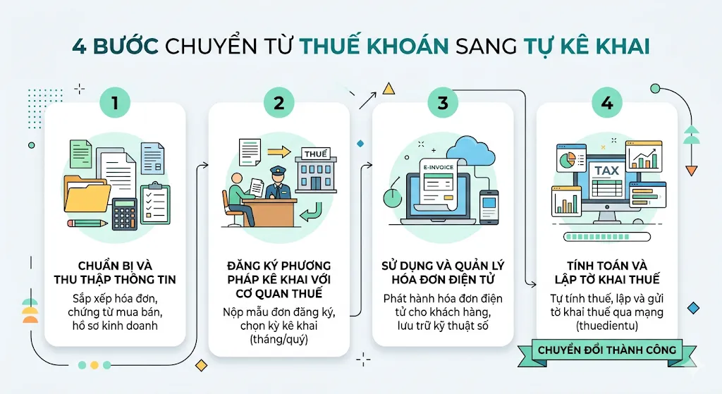 Infographic bốn bước chuyển từ thuế khoán sang tự kê khai theo doanh thu thực tế